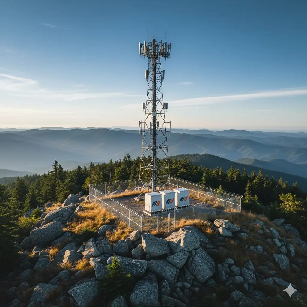 Cell tower birds eye view shot